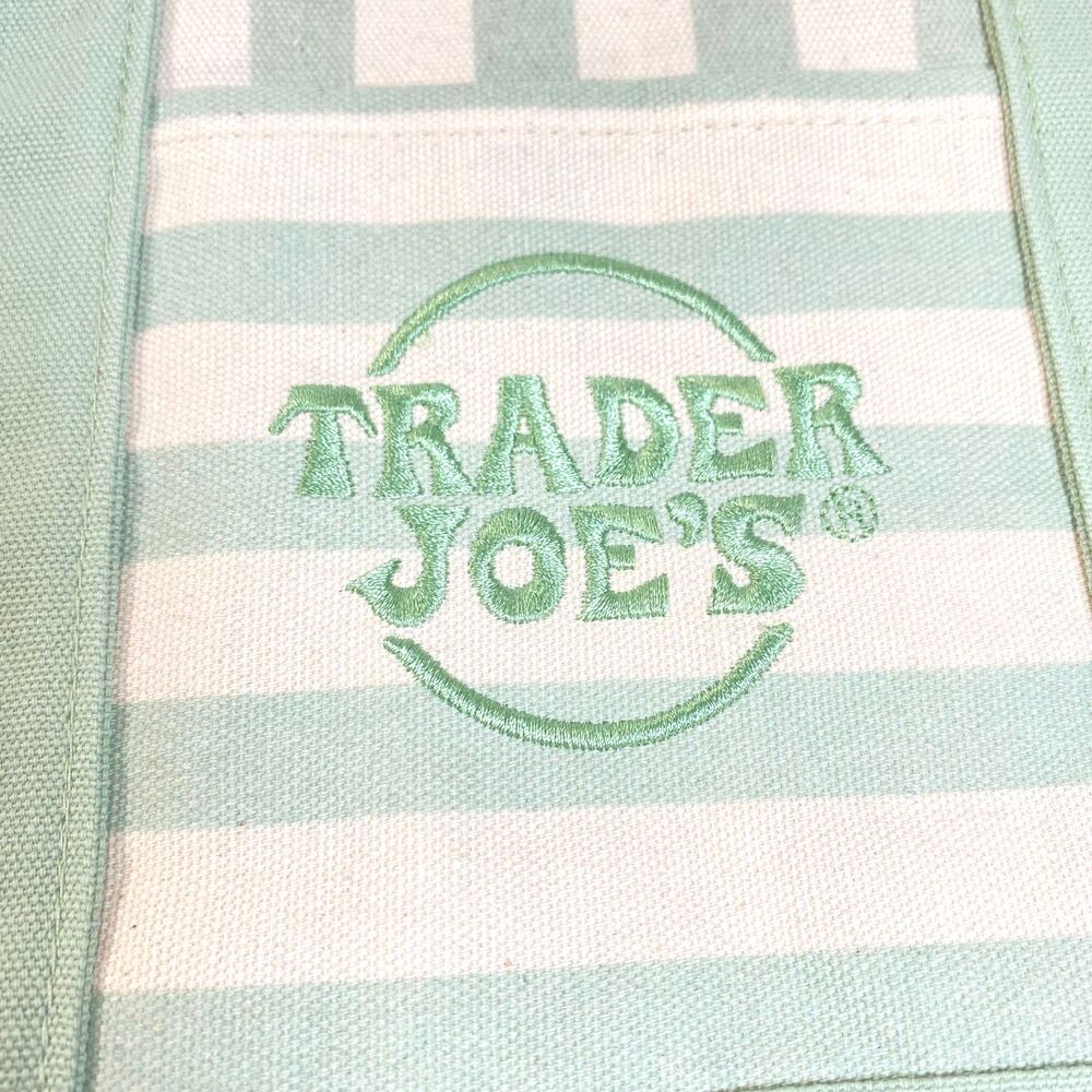 Trader Joe's Striped Mini Canvas Tote Bag Green White Reusable Embroidery NWT